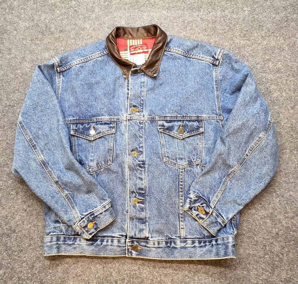 VTG 90s Marlboro Country Store Denim Jacket Leather Collar Large Trucker USA